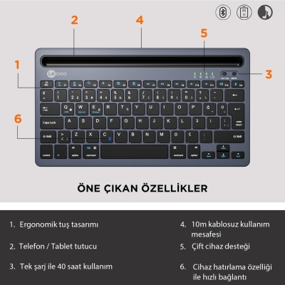 Lecoo BK100 Kablosuz Bluetooth Çoklu Cihaz ile Uyumlu Şarj Edilebilir,Telefon/Tablet Tutucu QWERTY Türkçe Q Klavye Gri - 5