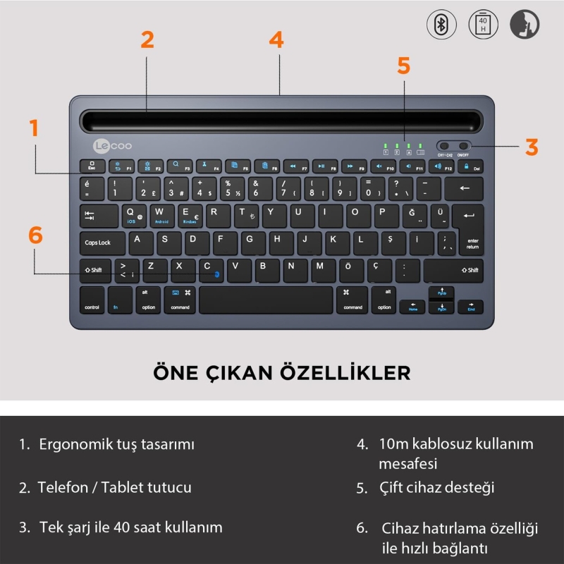 Lecoo BK100 Kablosuz Bluetooth Çoklu Cihaz ile Uyumlu Şarj Edilebilir,Telefon/Tablet Tutucu QWERTY Türkçe Q Klavye Gri - 5