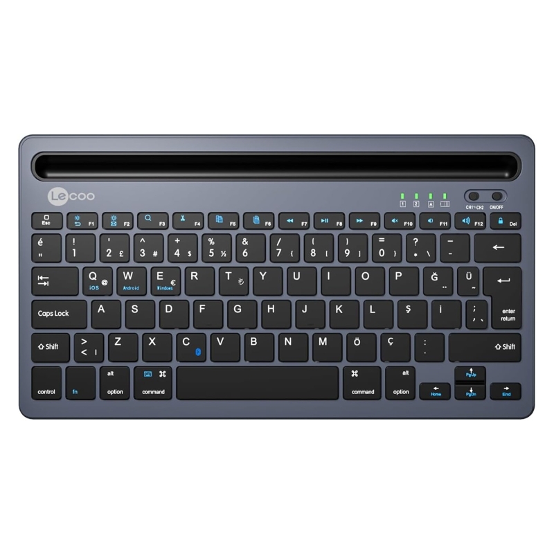 Lecoo BK100 Kablosuz Bluetooth Çoklu Cihaz ile Uyumlu Şarj Edilebilir,Telefon/Tablet Tutucu QWERTY Türkçe Q Klavye Gri - 1