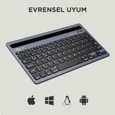 Lecoo BK100 Kablosuz Bluetooth Çoklu Cihaz ile Uyumlu Şarj Edilebilir,Telefon/Tablet Tutucu QWERTY Türkçe Q Klavye Gri - 4