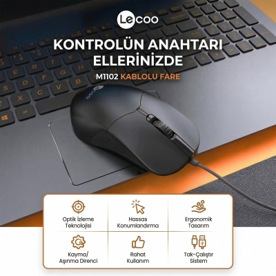 Lecoo M1102 USB Kablolu 1200DPI 3 Tuşlu PC, Mac, Dizüstü Bilgisayar için Optik Mouse Siyah - 2