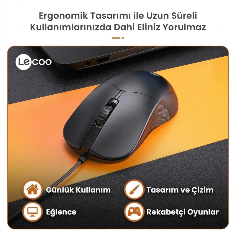Lecoo M1102 USB Kablolu 1200DPI 3 Tuşlu PC, Mac, Dizüstü Bilgisayar için Optik Mouse Siyah - 3