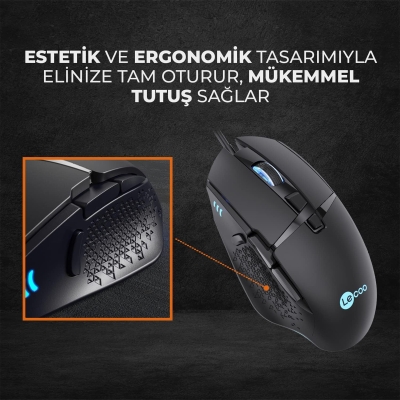 Lecoo MG1101 Kablolu 6400DPI 8 Tuşlu RGB LED Aydınlatmalı PC, Mac, Dizüstü Bilgisayar Uyumlu Gaming Optik Mouse Siyah - 2