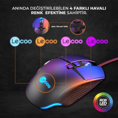 Lecoo MG1101 Kablolu 6400DPI 8 Tuşlu RGB LED Aydınlatmalı PC, Mac, Dizüstü Bilgisayar Uyumlu Gaming Optik Mouse Siyah - 3