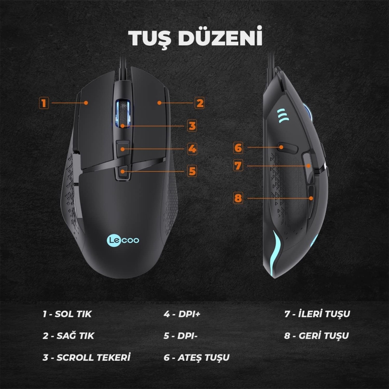 Lecoo MG1101 Kablolu 6400DPI 8 Tuşlu RGB LED Aydınlatmalı PC, Mac, Dizüstü Bilgisayar Uyumlu Gaming Optik Mouse Siyah - 5