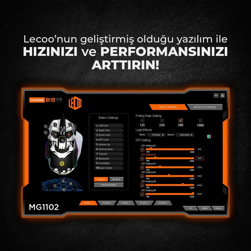 Lecoo MG1102 Kablolu RGB LED Aydınlatmalı 8200DPI 10 Makro Tuşlu Win Mac Uyumlu Gaming Mouse ve Mousepad Siyah - 6