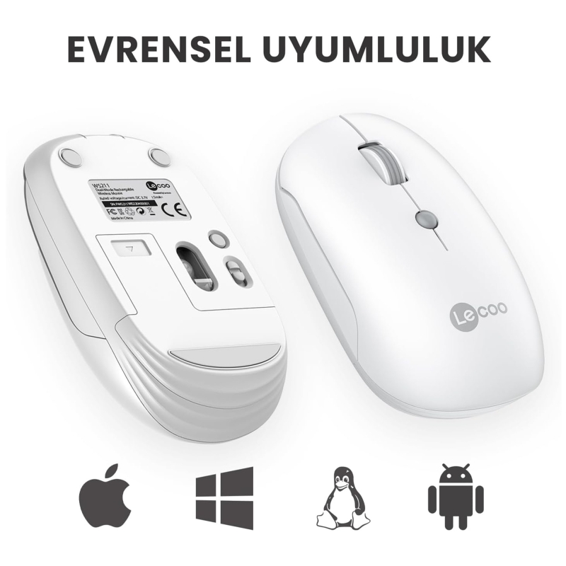 Lecoo WS211 1600DPI Dual Mod Bluetooth ve Kablosuz Şarj Edilebilir Optik Mouse Beyaz - 4