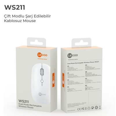 Lecoo WS211 Dual-Mode Bluetooth ve 2.4GHz WiFi 1600DPI 6 Tuşlu Şarjlı Sessiz Kompakt Kablosuz Optik Mouse Beyaz - 8
