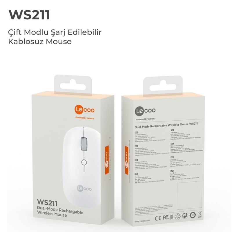 Lecoo WS211 Dual-Mode Bluetooth ve 2.4GHz WiFi 1600DPI 6 Tuşlu Şarjlı Sessiz Kompakt Kablosuz Optik Mouse Beyaz - 8