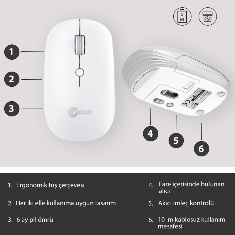 Lecoo WS211 Dual-Mode Bluetooth ve 2.4GHz WiFi 1600DPI 6 Tuşlu Şarjlı Sessiz Kompakt Kablosuz Optik Mouse Beyaz - 2