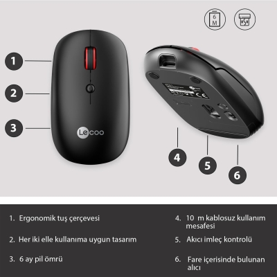 Lecoo WS211 Dual-Mode Bluetooth ve 2.4GHz WiFi 1600DPI 6 Tuşlu Şarjlı Sessiz Kompakt Kablosuz Optik Mouse Siyah - 3