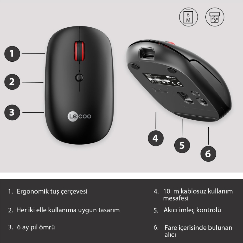 Lecoo WS211 Dual-Mode Bluetooth ve 2.4GHz WiFi 1600DPI 6 Tuşlu Şarjlı Sessiz Kompakt Kablosuz Optik Mouse Siyah - 3