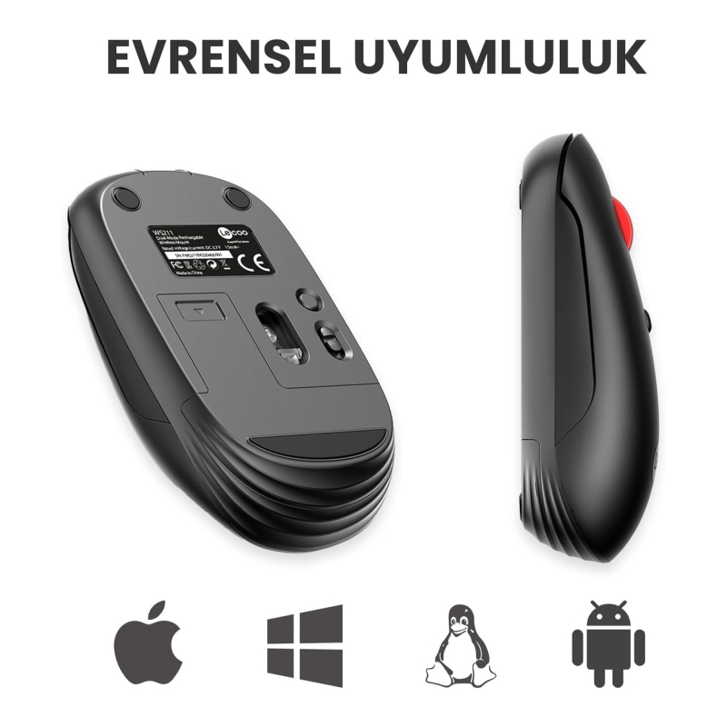 Lecoo WS211 Dual-Mode Bluetooth ve 2.4GHz WiFi 1600DPI 6 Tuşlu Şarjlı Sessiz Kompakt Kablosuz Optik Mouse Siyah - 6