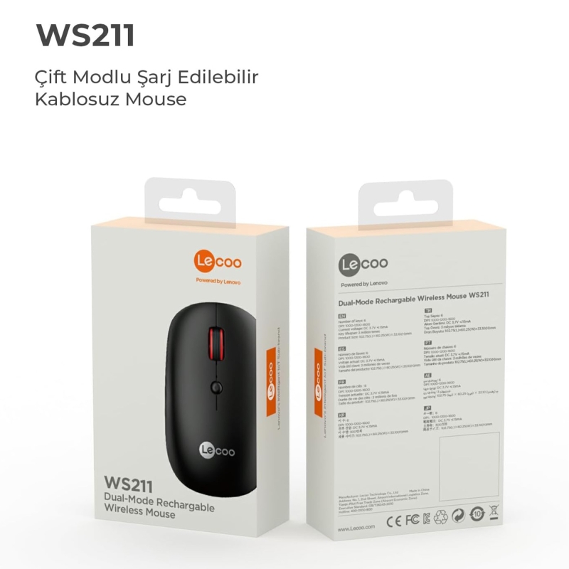 Lecoo WS211 Dual-Mode Bluetooth ve 2.4GHz WiFi 1600DPI 6 Tuşlu Şarjlı Sessiz Kompakt Kablosuz Optik Mouse Siyah - 8
