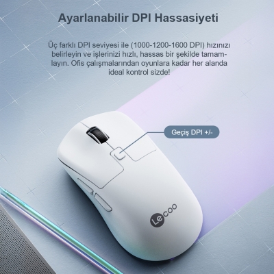 Lecoo WS216 Dual-Mode Bluetooth ve 2.4GHz 1600DPI Sessiz Optik Kablosuz Mouse Beyaz - 2