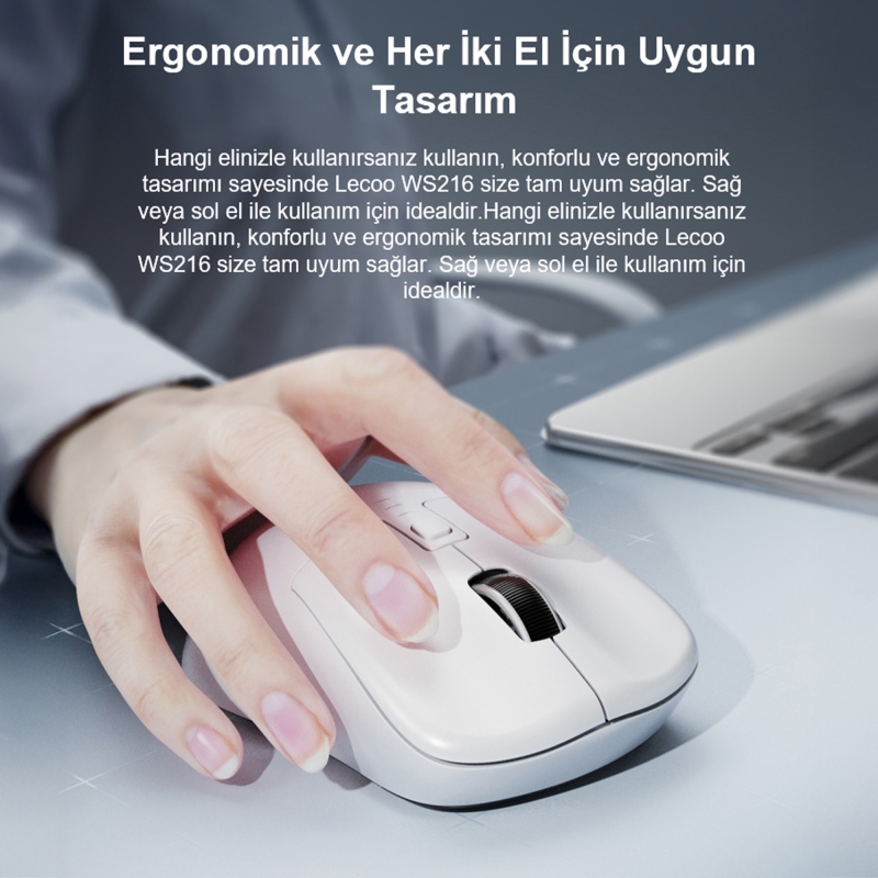 Lecoo WS216 Dual-Mode Bluetooth ve Kablosuz 2.4 GHz 1600DPI 7 Tuşlu Sessiz Optik Kablosuz Mouse Beyaz - 5