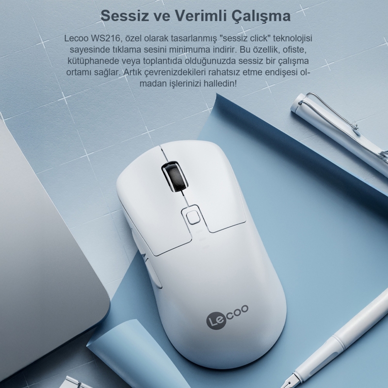 Lecoo WS216 Dual-Mode Bluetooth ve Kablosuz 2.4 GHz 1600DPI 7 Tuşlu Sessiz Optik Kablosuz Mouse Beyaz - 6