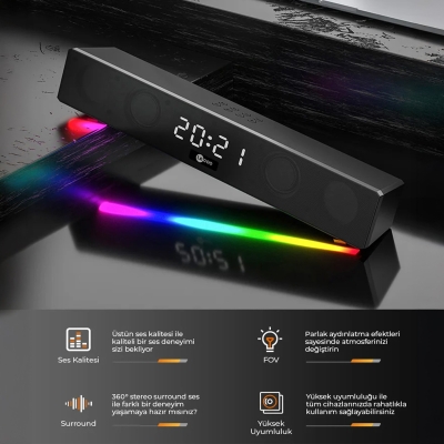 Lecoo DS103 10W RGB Kablosuz Bluetooth Soundbar Hoparlör Radyo Saat/Alarm Aux USB Player Özellikli Speaker - 2