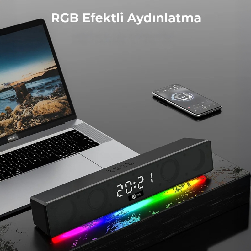 Lecoo DS103 10W RGB Kablosuz Bluetooth Soundbar Hoparlör Radyo Saat/Alarm Aux USB Player Özellikli Speaker - 5