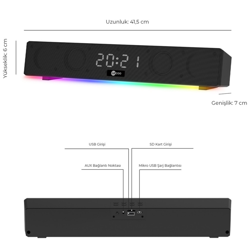 Lecoo DS103 10W RGB Kablosuz Bluetooth Soundbar Hoparlör Radyo Saat/Alarm Aux USB Player Özellikli Speaker - 6
