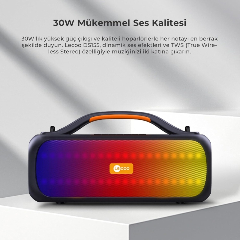 Lecoo DS155 30W Kablosuz Bluetooth 5.0 RGB Aydınlatmalı IPX5 Suya Dayanıklı TWS Stereo Taşınabilir Hoparlör Siyah - 2