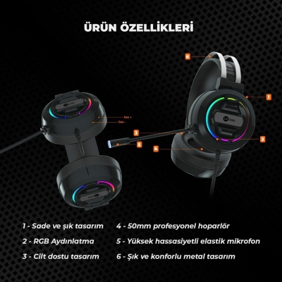 Lecoo HT401 Kablolu USB 2.0 RGB LED Aydınlatmalı Mikrofonlu Kulak Üstü Gaming Kulaklık Siyah - 2