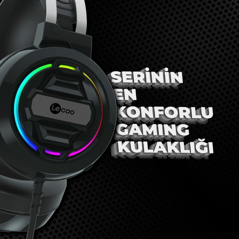 Lecoo HT401 Kablolu USB 2.0 RGB LED Aydınlatmalı Mikrofonlu Kulak Üstü Gaming Kulaklık Siyah - 3
