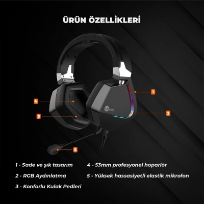 Lecoo HT402 USB Kablolu Surround 7.1 RGB LED Aydınlatmalı Çıkartılabilir Mikrofonlu Kulak Üstü Gaming Kulaklık Siyah - 8