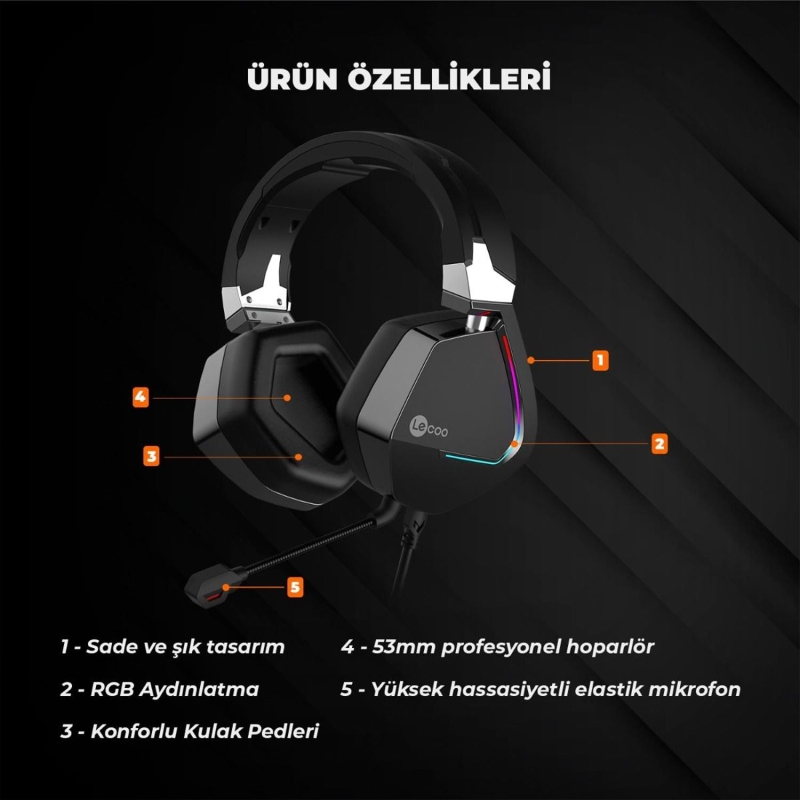 Lecoo HT402 USB Kablolu Surround 7.1 RGB LED Aydınlatmalı Çıkartılabilir Mikrofonlu Kulak Üstü Gaming Kulaklık Siyah - 8