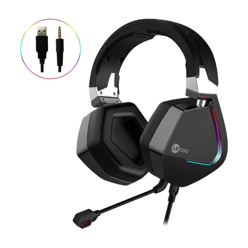 Lecoo HT402 USB + 3.5mm Jack Kablolu RGB LED Aydınlatmalı Çıkartılabilir Mikrofonlu Kulak Üstü Gaming Kulaklık Siyah - 1