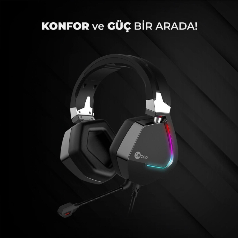 Lecoo HT402 USB + 3.5mm Jack Kablolu RGB LED Aydınlatmalı Çıkartılabilir Mikrofonlu Kulak Üstü Gaming Kulaklık Siyah - 5