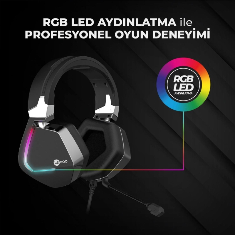 Lecoo HT402 USB + 3.5mm Jack Kablolu RGB LED Aydınlatmalı Çıkartılabilir Mikrofonlu Kulak Üstü Gaming Kulaklık Siyah - 7