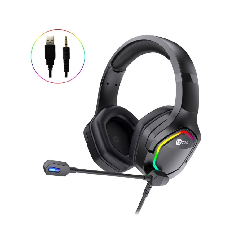 Lecoo HT403 3.5mm Jack + USB Kablolu Kulak Üstü RGB Aydınlatmalı Gaming Kulaklık Siyah - 1