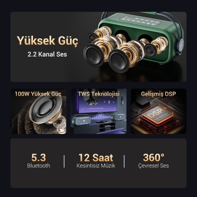 NowGo C1 100W Taşınabilir RGB Bluetooth Hoparlör Mikrofonlu Karaoke Parti Speaker Bej - 3