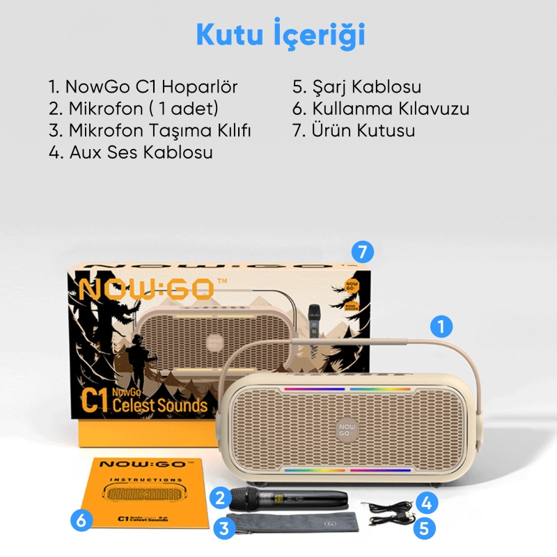 NowGo C1 100W Taşınabilir RGB Bluetooth Hoparlör Mikrofonlu Karaoke Parti Speaker Bej - 12