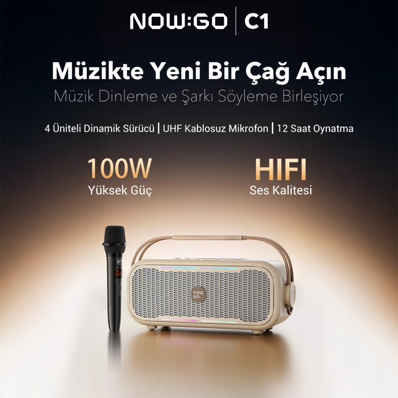 NowGo C1 100W Taşınabilir RGB Bluetooth Hoparlör Mikrofonlu Karaoke Parti Speaker Bej - 2