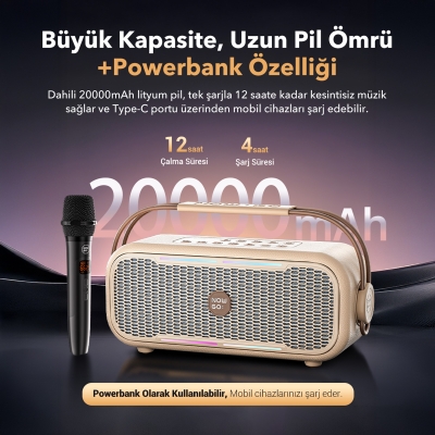 NowGo C1 100W Taşınabilir RGB Bluetooth Hoparlör Mikrofonlu Karaoke Parti Speaker Bej - 4