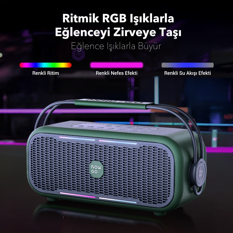 NowGo C1 100W Taşınabilir RGB Bluetooth Hoparlör Mikrofonlu Karaoke Parti Speaker Bej - 7