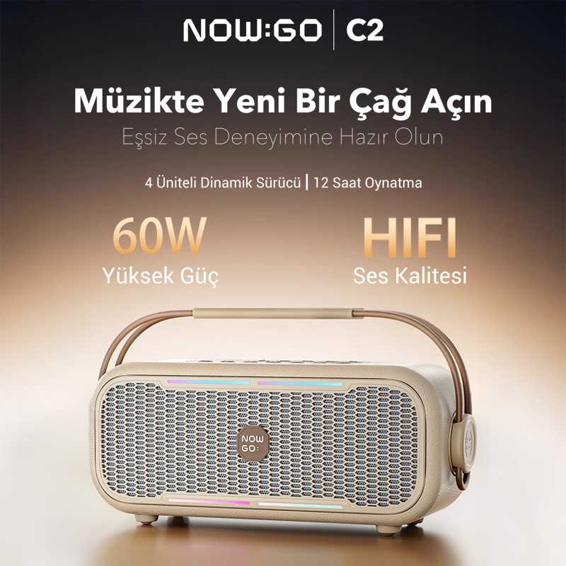 NowGo C2 60W Taşınabilir RGB Bluetooth Hoparlör IPX4 Parti Speaker Bej - 2