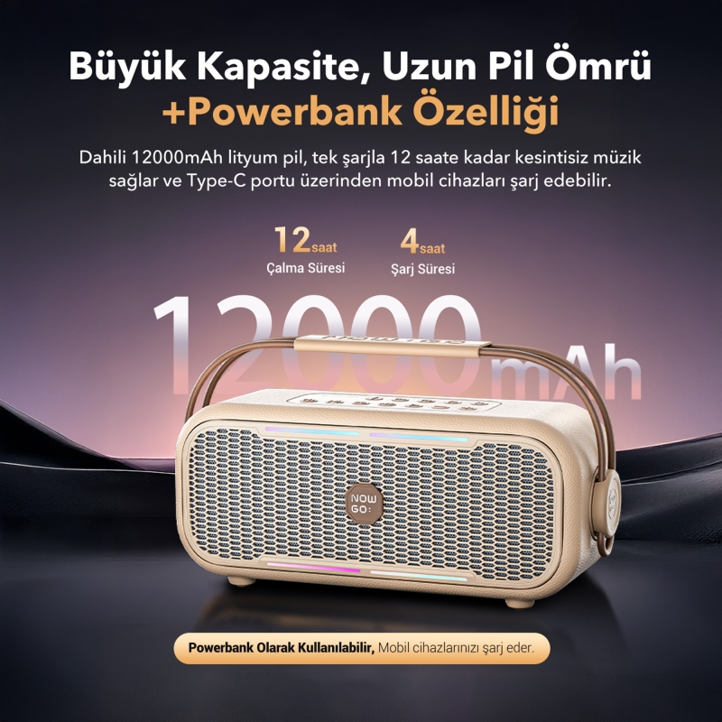 NowGo C2 60W Taşınabilir RGB Bluetooth Hoparlör IPX4 Parti Speaker Bej - 4