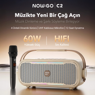 NowGo C2 60W Taşınabilir RGB Bluetooth Hoparlör Mikrofonlu Karaoke Parti Speaker Bej - 2