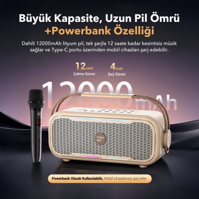 NowGo C2 60W Taşınabilir RGB Bluetooth Hoparlör Mikrofonlu Karaoke Parti Speaker Bej - 4