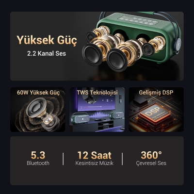 NowGo C2 60W Taşınabilir RGB Bluetooth Hoparlör Mikrofonlu Karaoke Parti Speaker Yeşil - 3