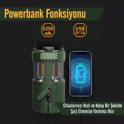 NowGo F1 20W Bluetoooth Hoparlör Taşınabilir Powerbank Kamp Feneri Yeşil - 4