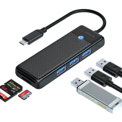 Orico Type-C to 3.0 TF SD Kart Okuyucu 3 Portlu USB 3.0 Çoklayıcı Adaptör Siyah - Orico