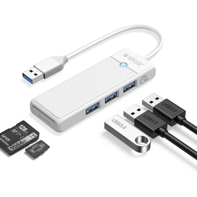 Orico USB 3.0 to 3.0 TF SD Kart Okuyucu 3 Portlu USB 3.0 Çoklayıcı Adaptör Beyaz - Orico