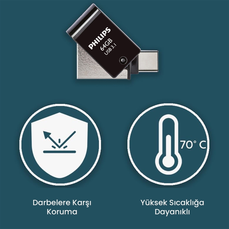 Philips 64GB OTG Dual Drive Type-C ve USB Flash Bellek - 3