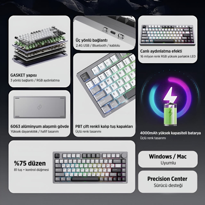 Philips Evnia SPK8618UPRH HotSwap Makrolu 3 Modlu Metal Gaming Oyuncu Klavyesi Mor - 5