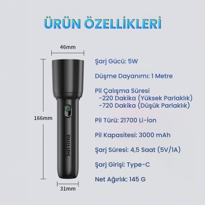 Philips SFL1403 400 Lümen 5W Led El Feneri Teleskopik Zoom Sos Modlu Şarj Edilebilir Uzun Menzilli Flashlight - 7