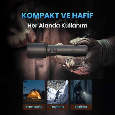 Philips SFL1403 400 Lümen 5W Led El Feneri Teleskopik Zoom Sos Modlu Şarj Edilebilir Uzun Menzilli Flashlight - 4